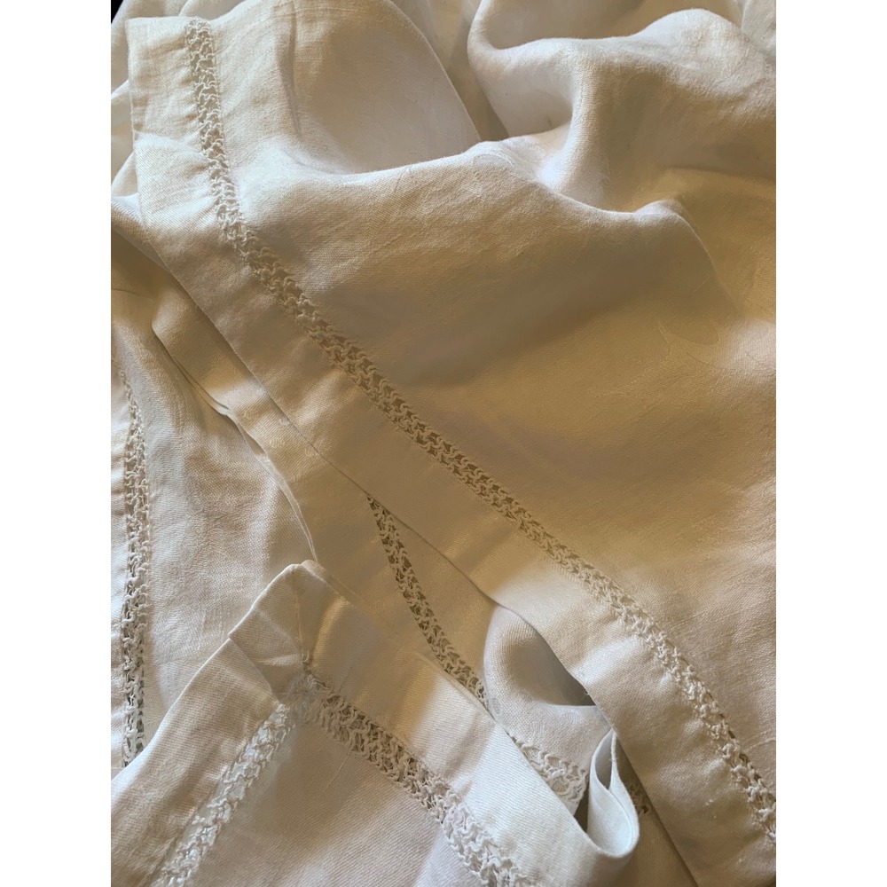 Vintage White Damask Linen Fabric Remnant with Lace Trim 51x67"